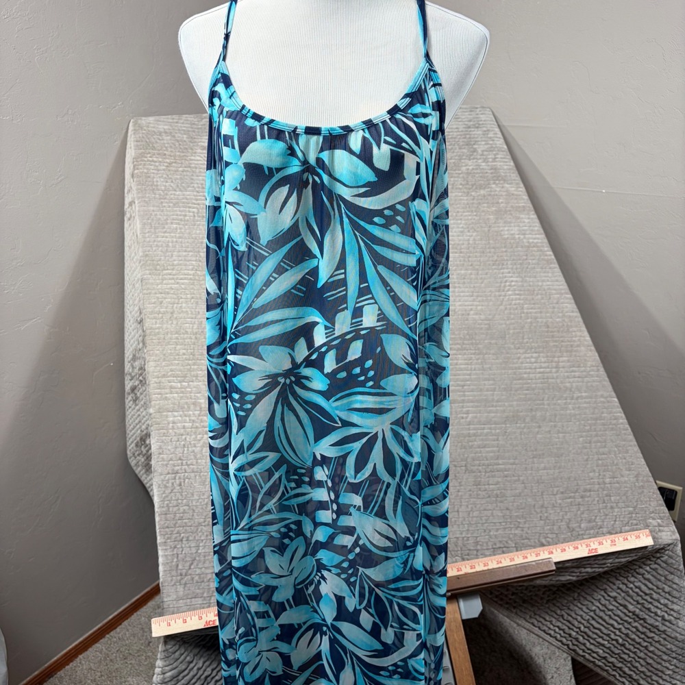 Lands End Blue Tropical Floral Mesh Swim Cover Up Maxi Dress XL 18 547294